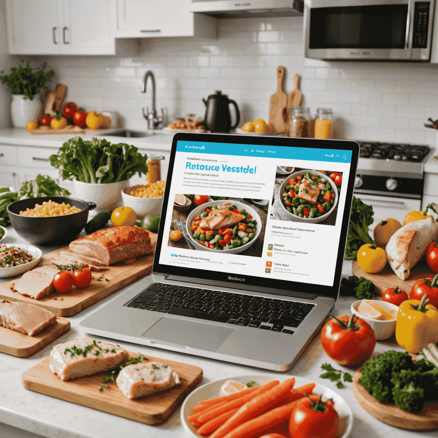 カラフルな野菜や肉、魚が並んだ食材の写真。中央にはノートパソコンがあり、画面にはミールプランが表示されている。背景には明るいキッチン。